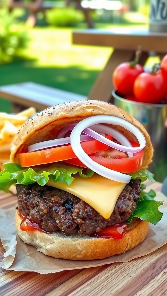 Juicy 93/7 ground beef burger topped with lettuce, tomato, onion, and cheese on a toasted bun.